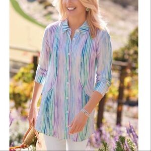 XL Soft Surroundings Open-weave gauze blue green and purple striped blouse